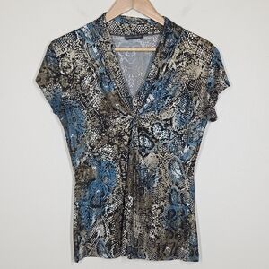 Vtg Y2K Blue Tan Gold Snake Print Twist Front Babydoll Top Fairy Grunge Mcbling